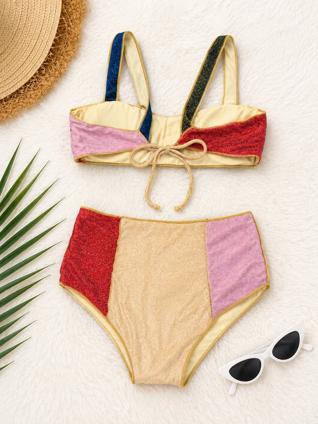 Multicolor Metallic Shimmer Color-Block High-Waist Bikini Set 2