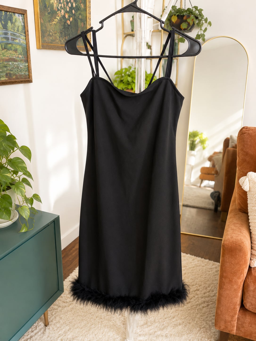 Express Black Feather Trim Cowl Neck Slip Dress Size M 2