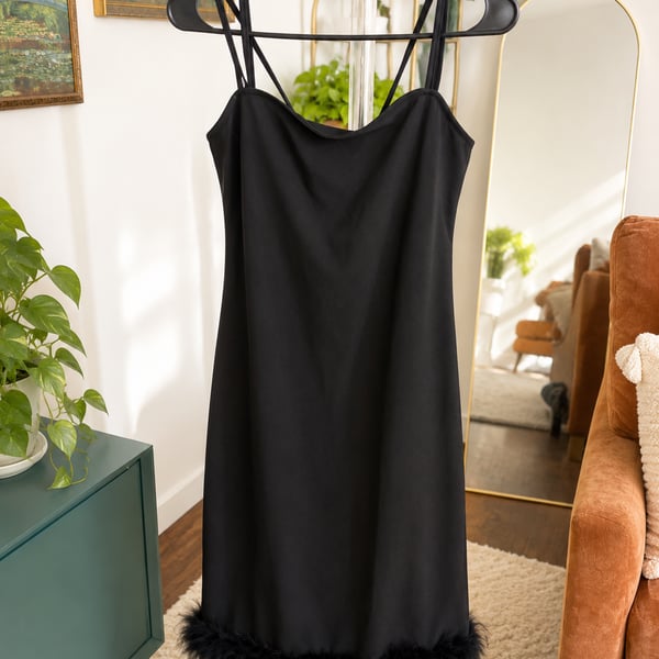 Express Black Feather Trim Cowl Neck Slip Dress Size M