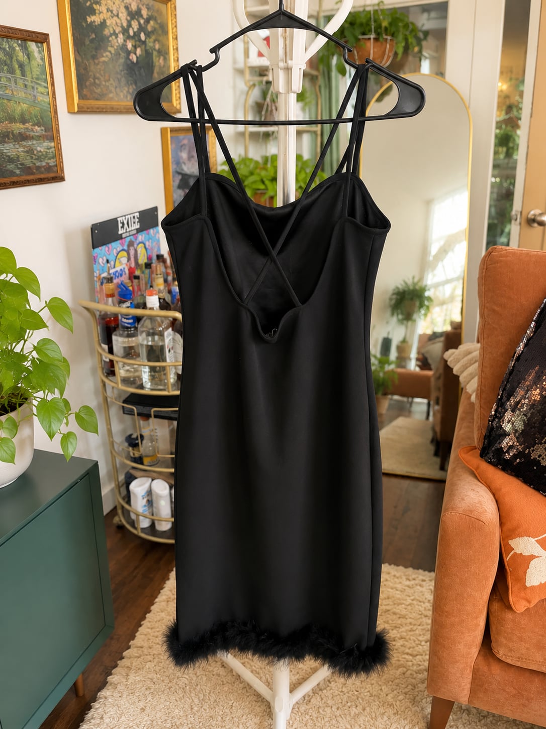 Express Black Feather Trim Cowl Neck Slip Dress Size M 3