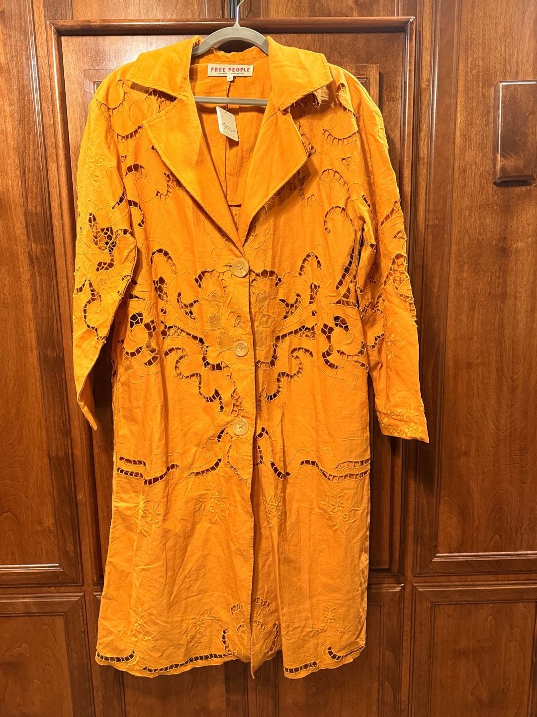 NWT Free People Susanna Eyelet Cotton & Linen Coat Duster Jacket Mustard XS 2