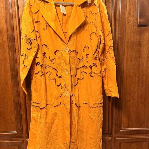 NWT Free People Susanna Eyelet Cotton & Linen Coat Duster Jacket Mustard XS