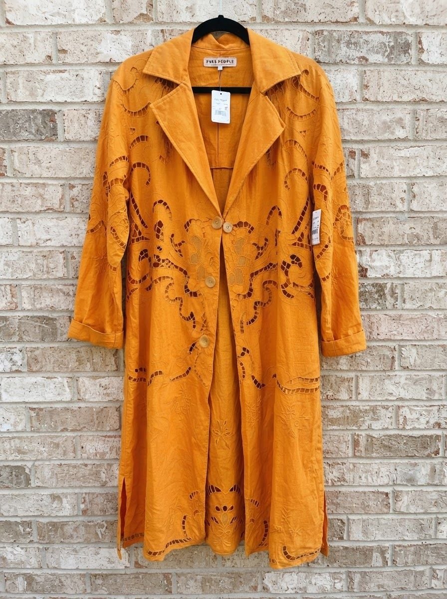 NWT Free People Susanna Eyelet Cotton & Linen Coat Duster Jacket Mustard XS 9