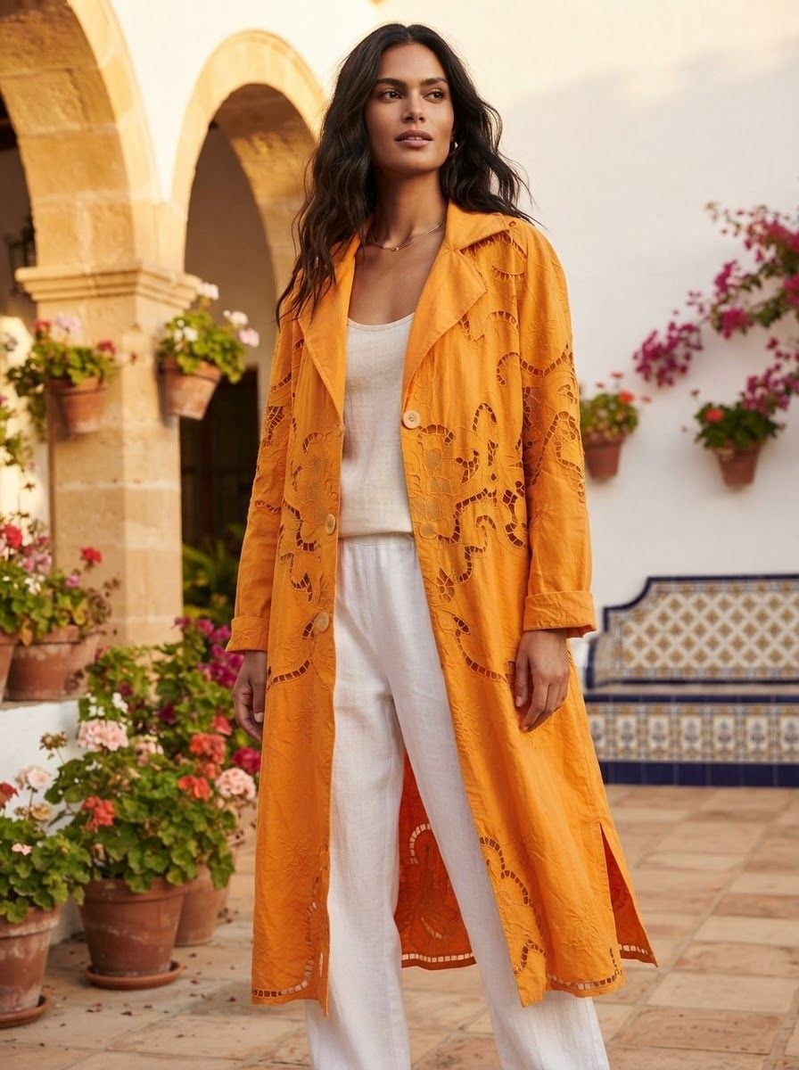 NWT Free People Susanna Eyelet Cotton & Linen Coat Duster Jacket Mustard XS 11