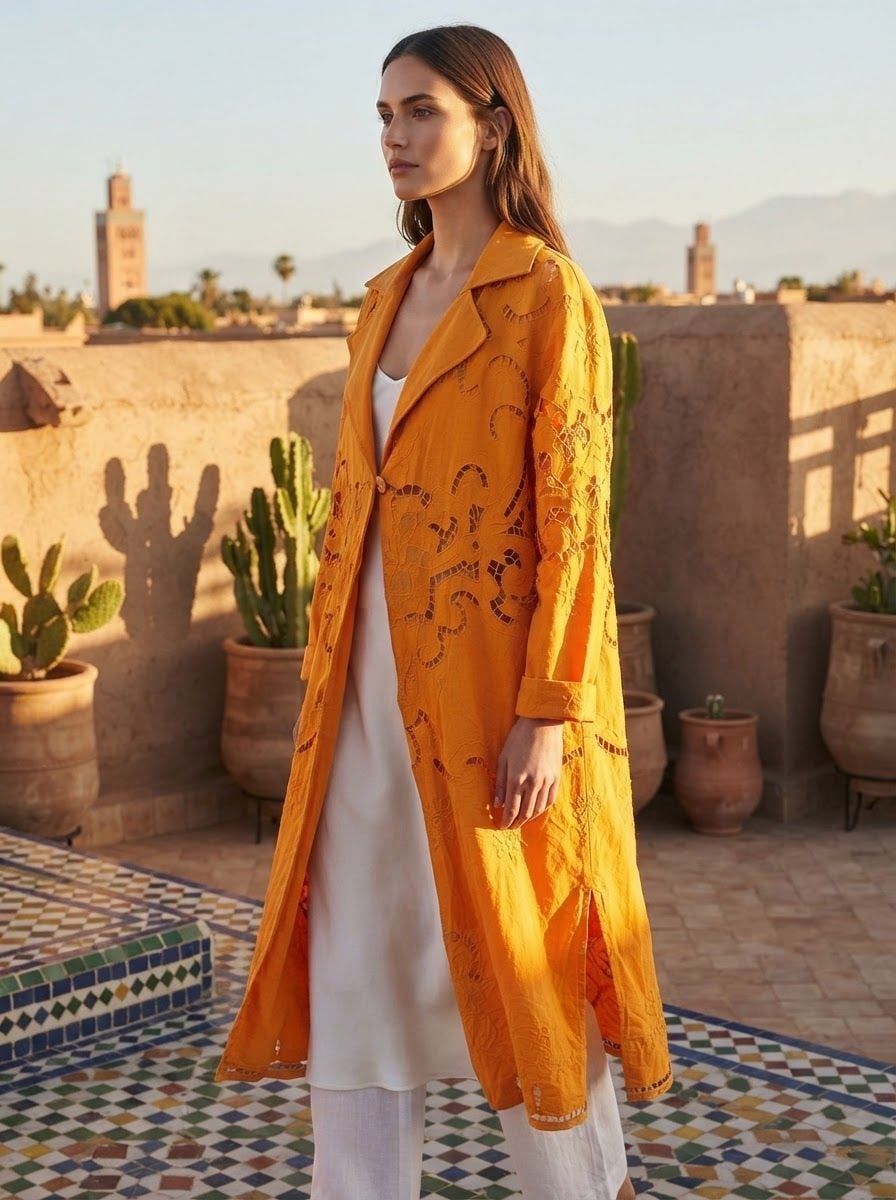 NWT Free People Susanna Eyelet Cotton & Linen Coat Duster Jacket Mustard XS 12