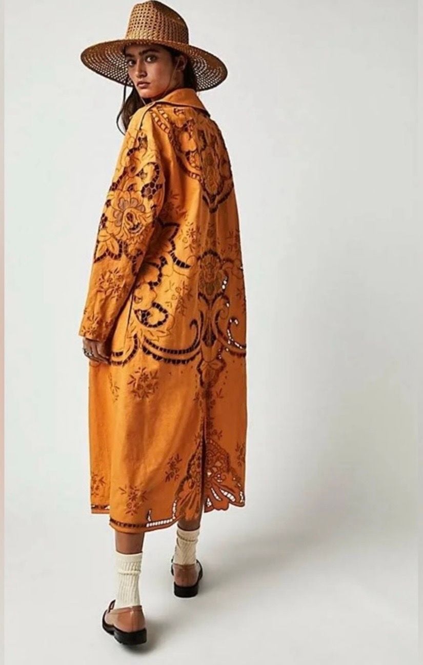NWT Free People Susanna Eyelet Cotton & Linen Coat Duster Jacket Mustard XS 14