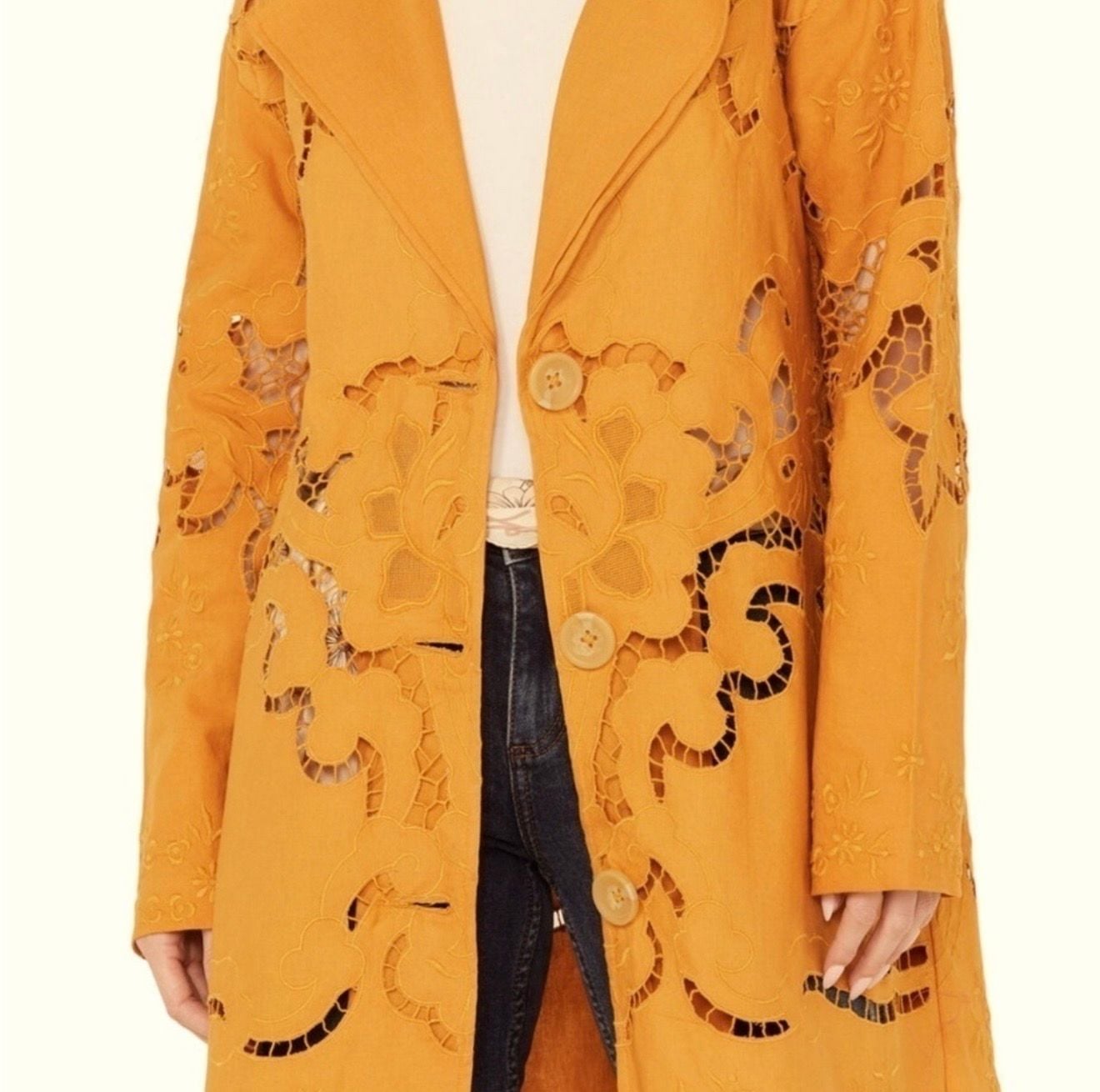 NWT Free People Susanna Eyelet Cotton & Linen Coat Duster Jacket Mustard XS 15