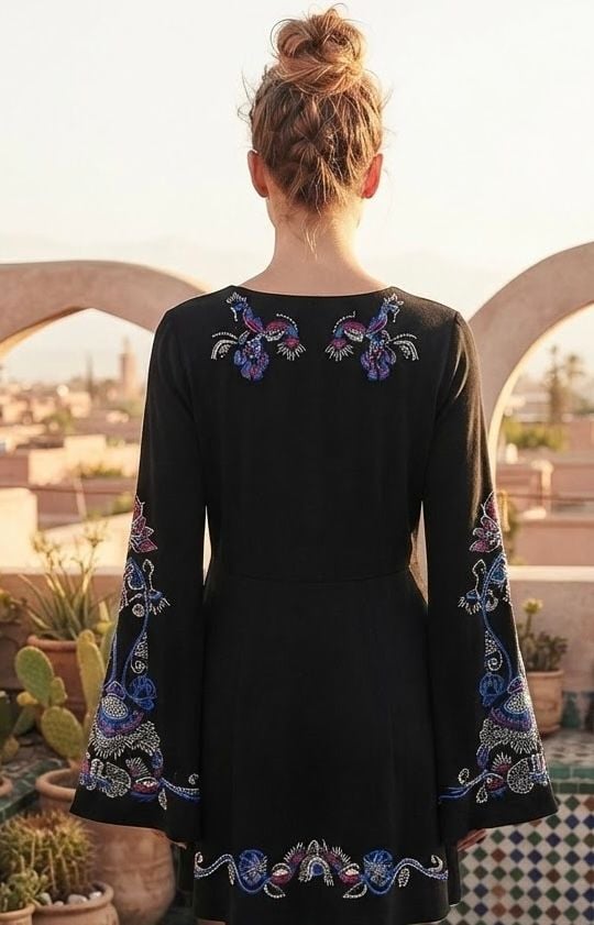 NWT Free People Holiday Folk Embroidered Long Bell Sleeve Mini Dress Black 3