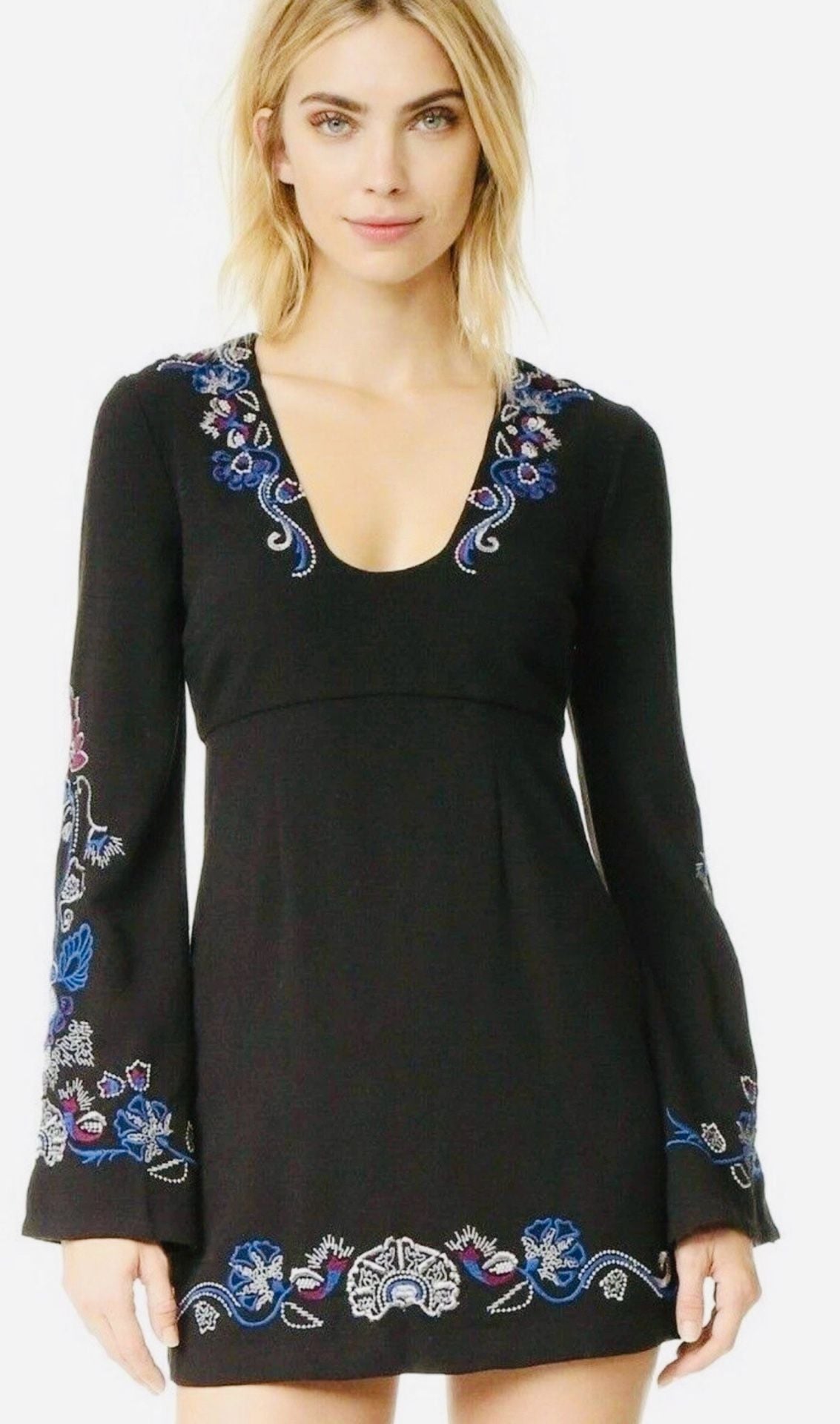 NWT Free People Holiday Folk Embroidered Long Bell Sleeve Mini Dress Black 4