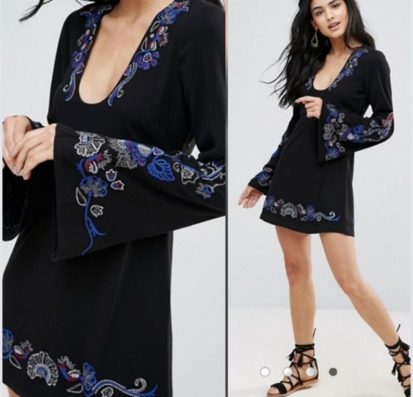 NWT Free People Holiday Folk Embroidered Long Bell Sleeve Mini Dress Black 5