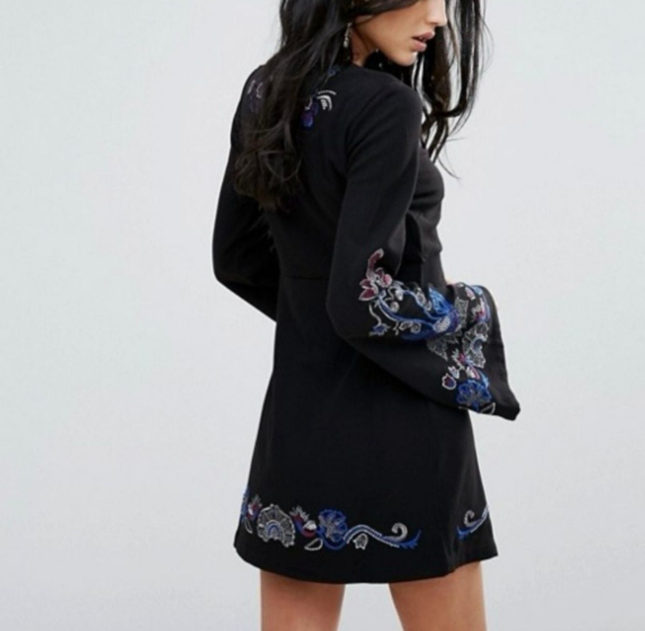 NWT Free People Holiday Folk Embroidered Long Bell Sleeve Mini Dress Black 6