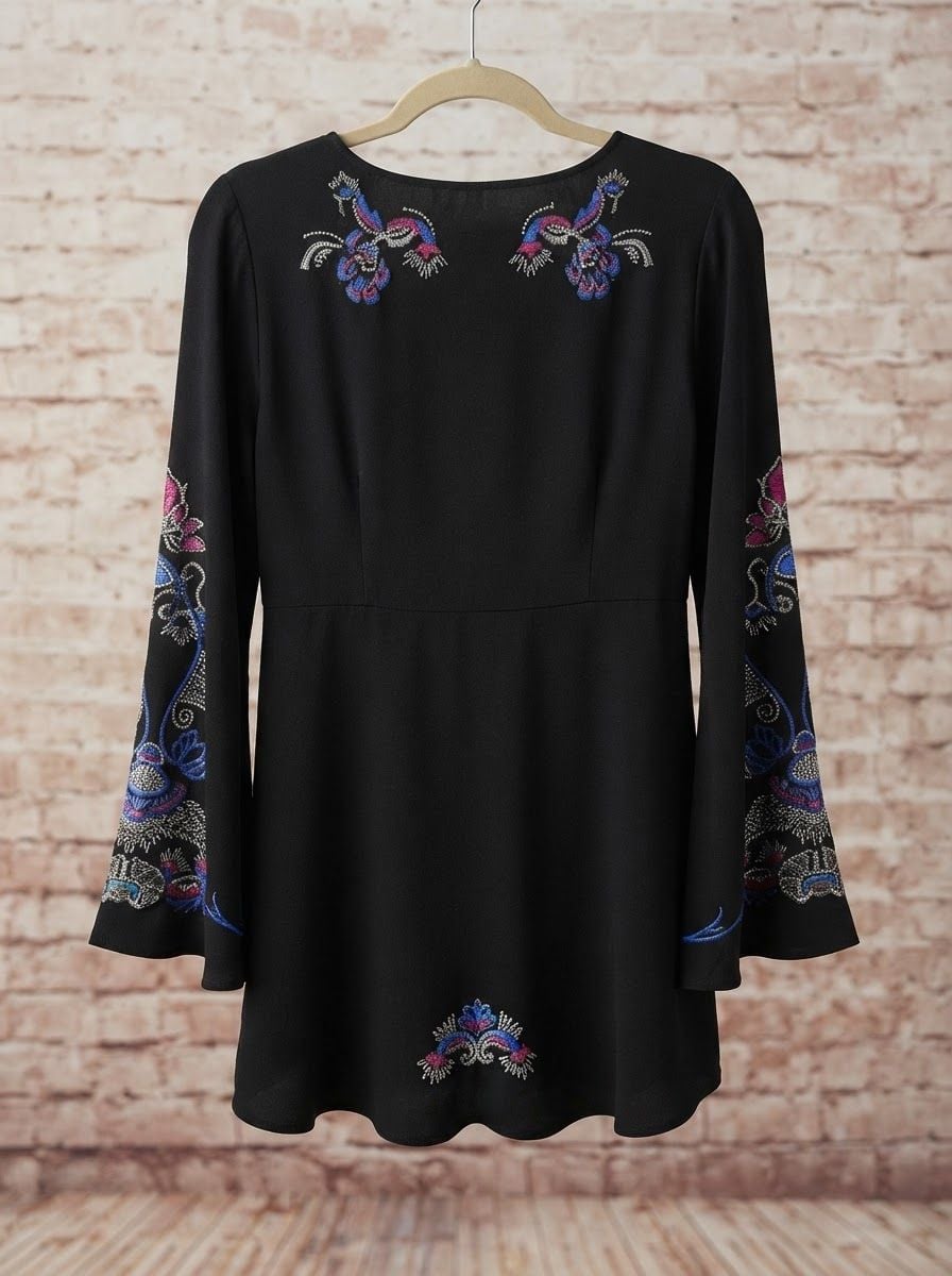 NWT Free People Holiday Folk Embroidered Long Bell Sleeve Mini Dress Black 8