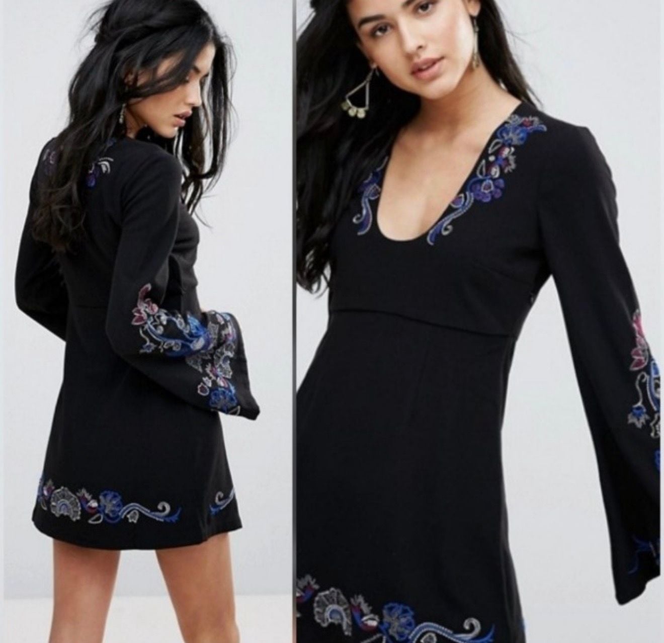 NWT Free People Holiday Folk Embroidered Long Bell Sleeve Mini Dress Black 14