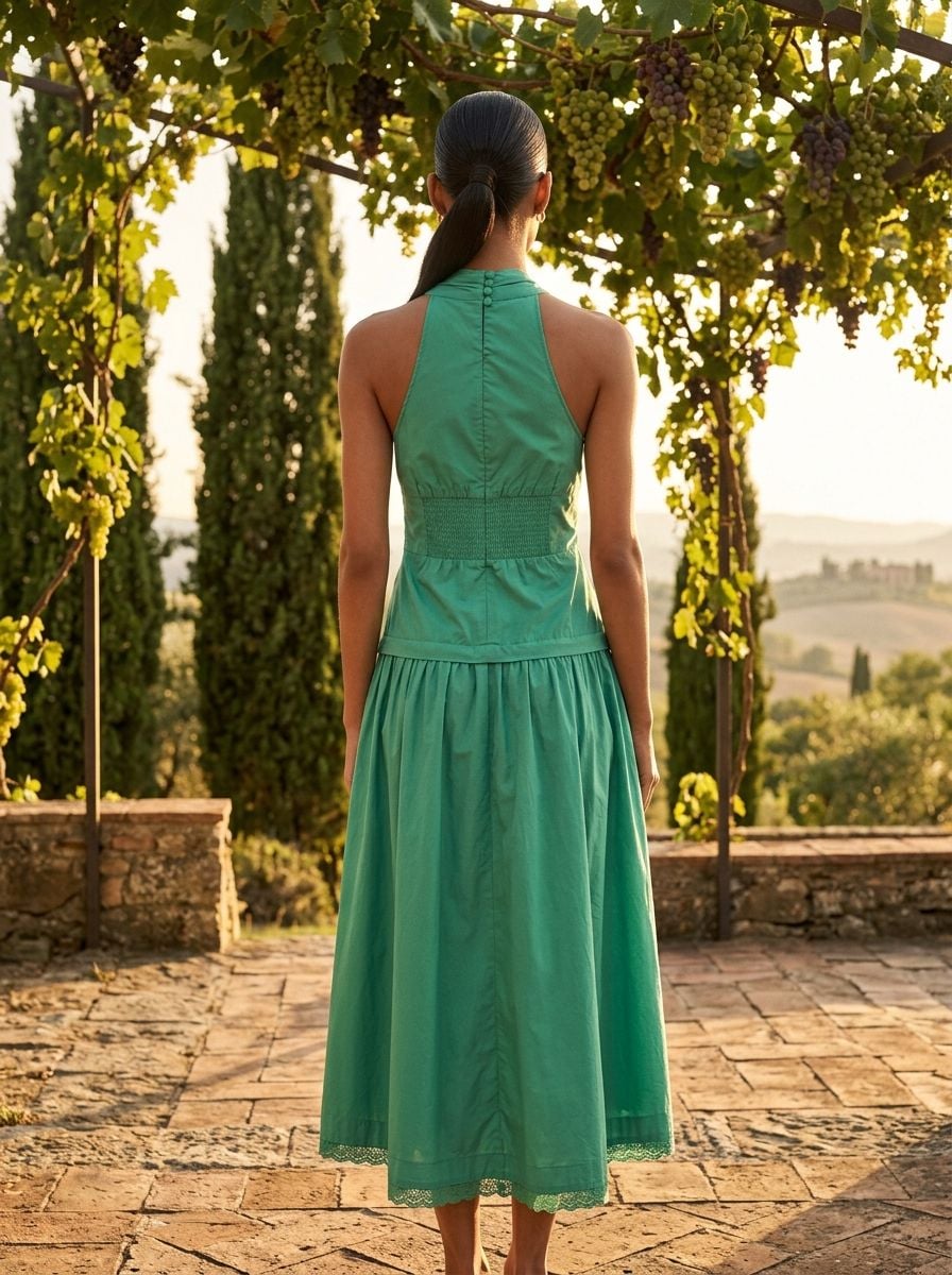 Maeve Halter V-Neck Drop-Waist Midi Dress Green Size M 5