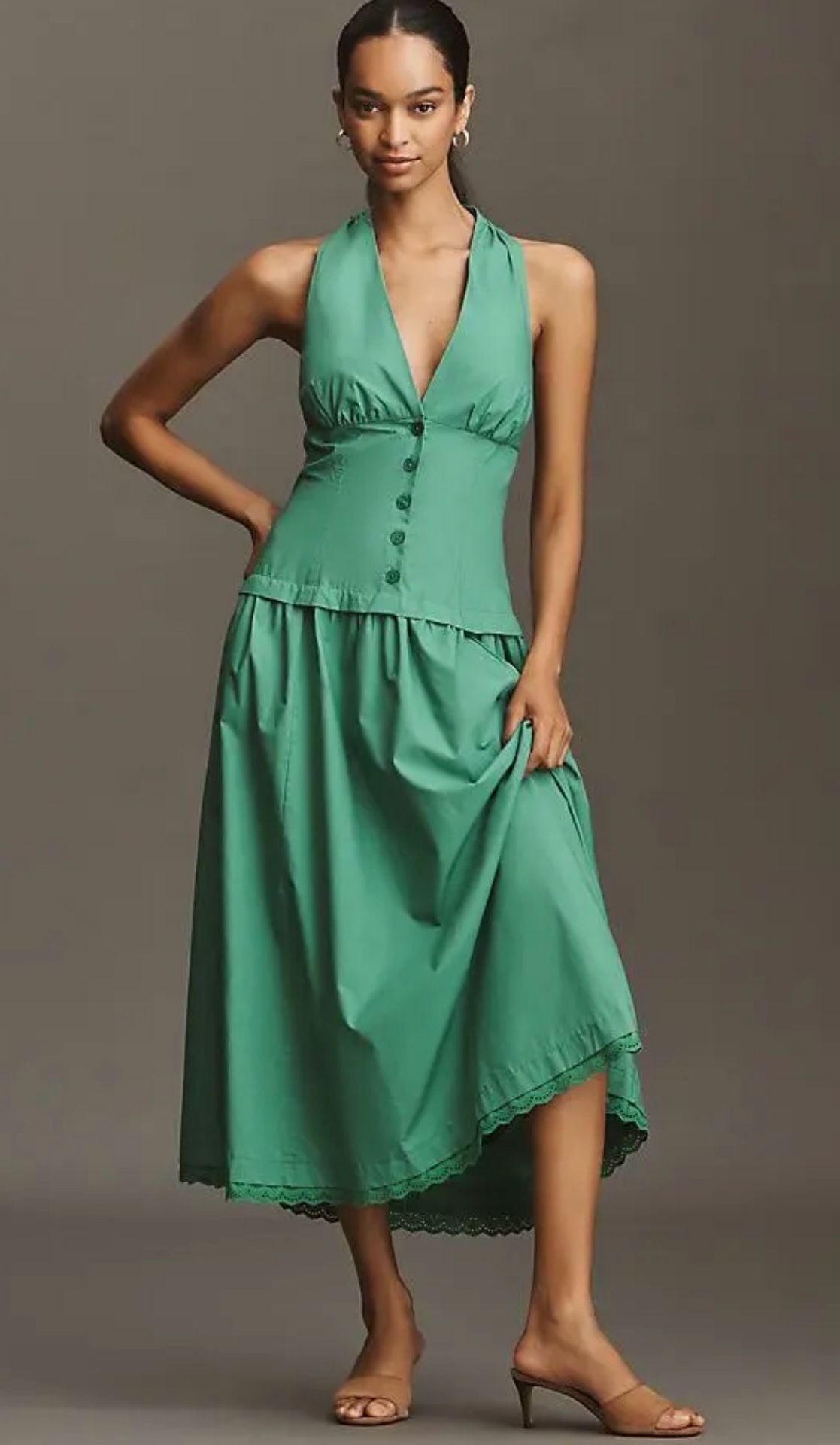 Maeve Halter V-Neck Drop-Waist Midi Dress Green Size M 9