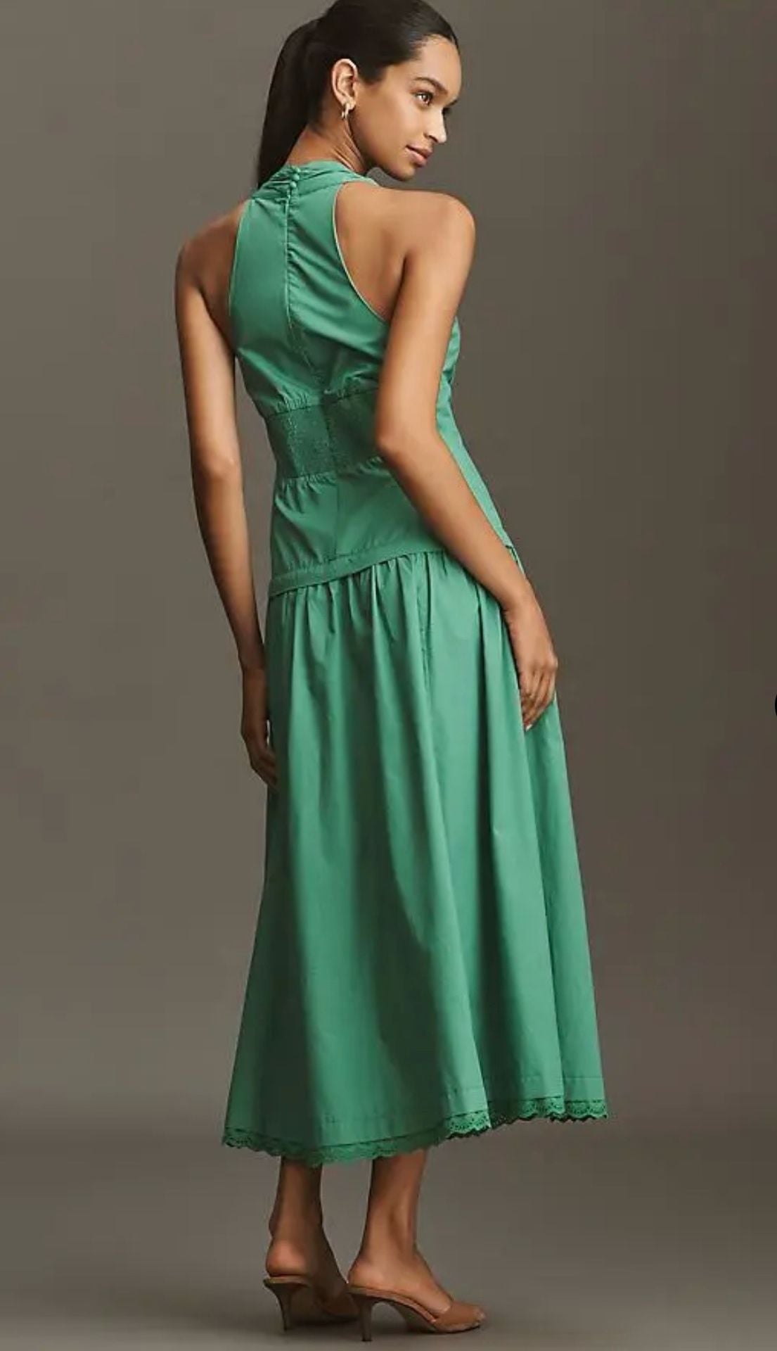 Maeve Halter V-Neck Drop-Waist Midi Dress Green Size M 10