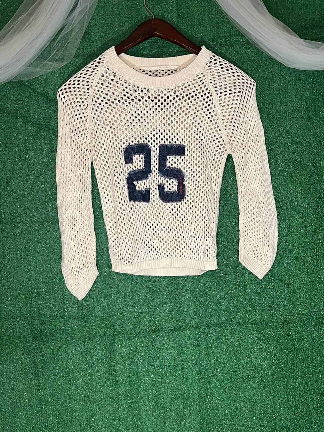 DKNY Jeans Cream Open Knit Mesh Sweater With Number 25 Distressed Denim Applique 2