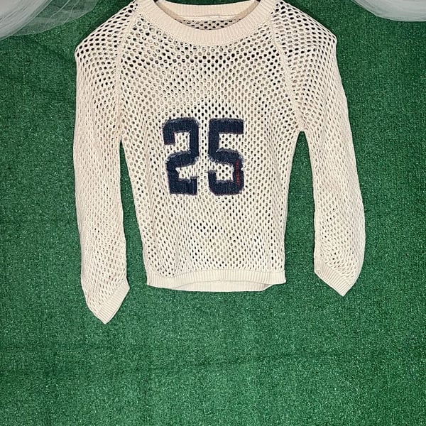DKNY Jeans Cream Open Knit Mesh Sweater With Number 25 Distressed Denim Applique