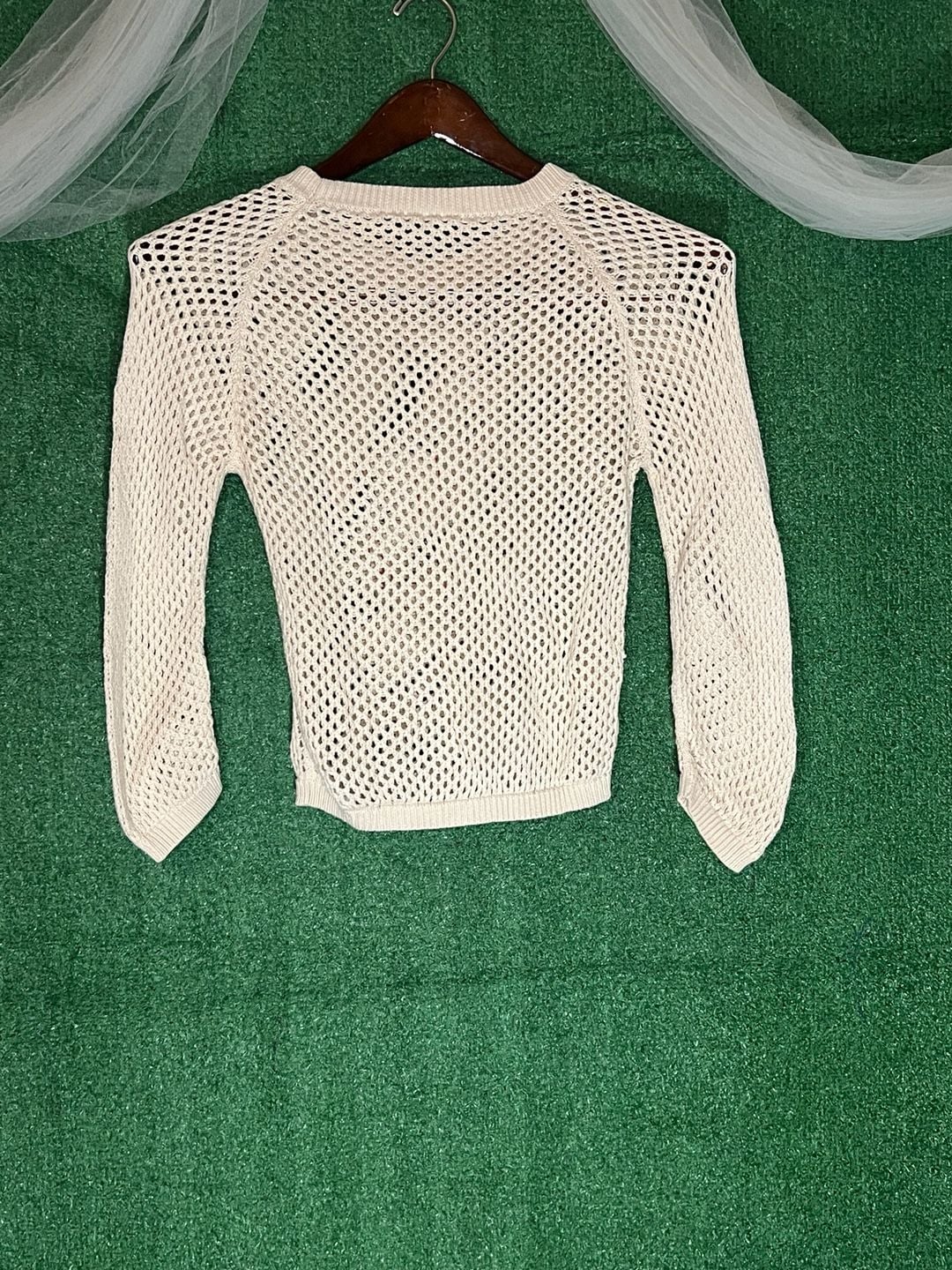 DKNY Jeans Cream Open Knit Mesh Sweater With Number 25 Distressed Denim Applique 3