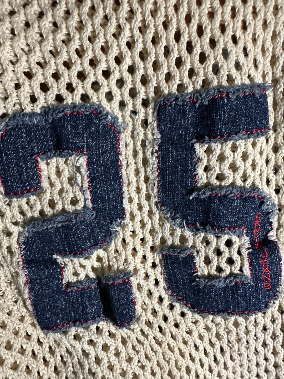 DKNY Jeans Cream Open Knit Mesh Sweater With Number 25 Distressed Denim Applique 4