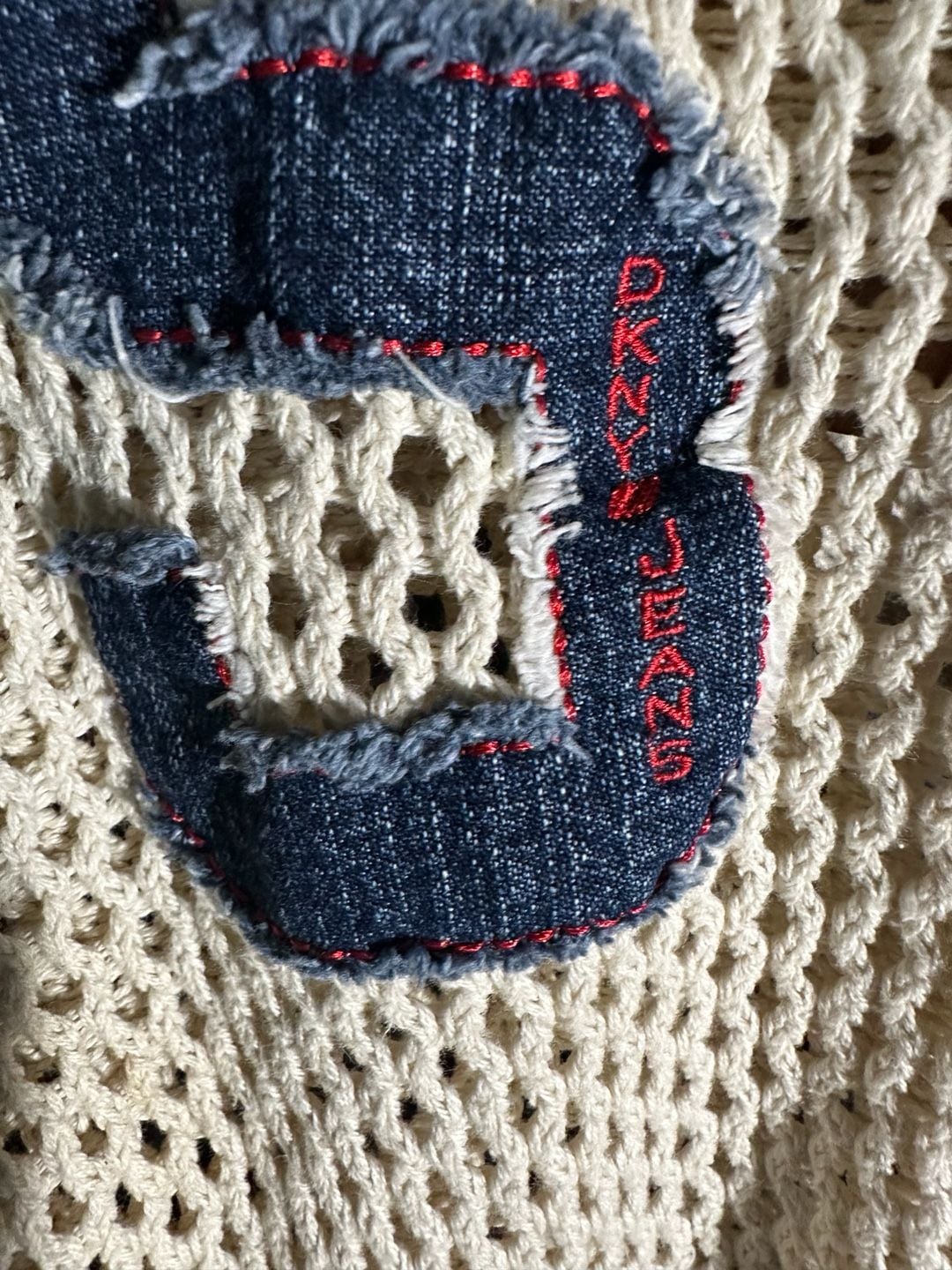 DKNY Jeans Cream Open Knit Mesh Sweater With Number 25 Distressed Denim Applique 5