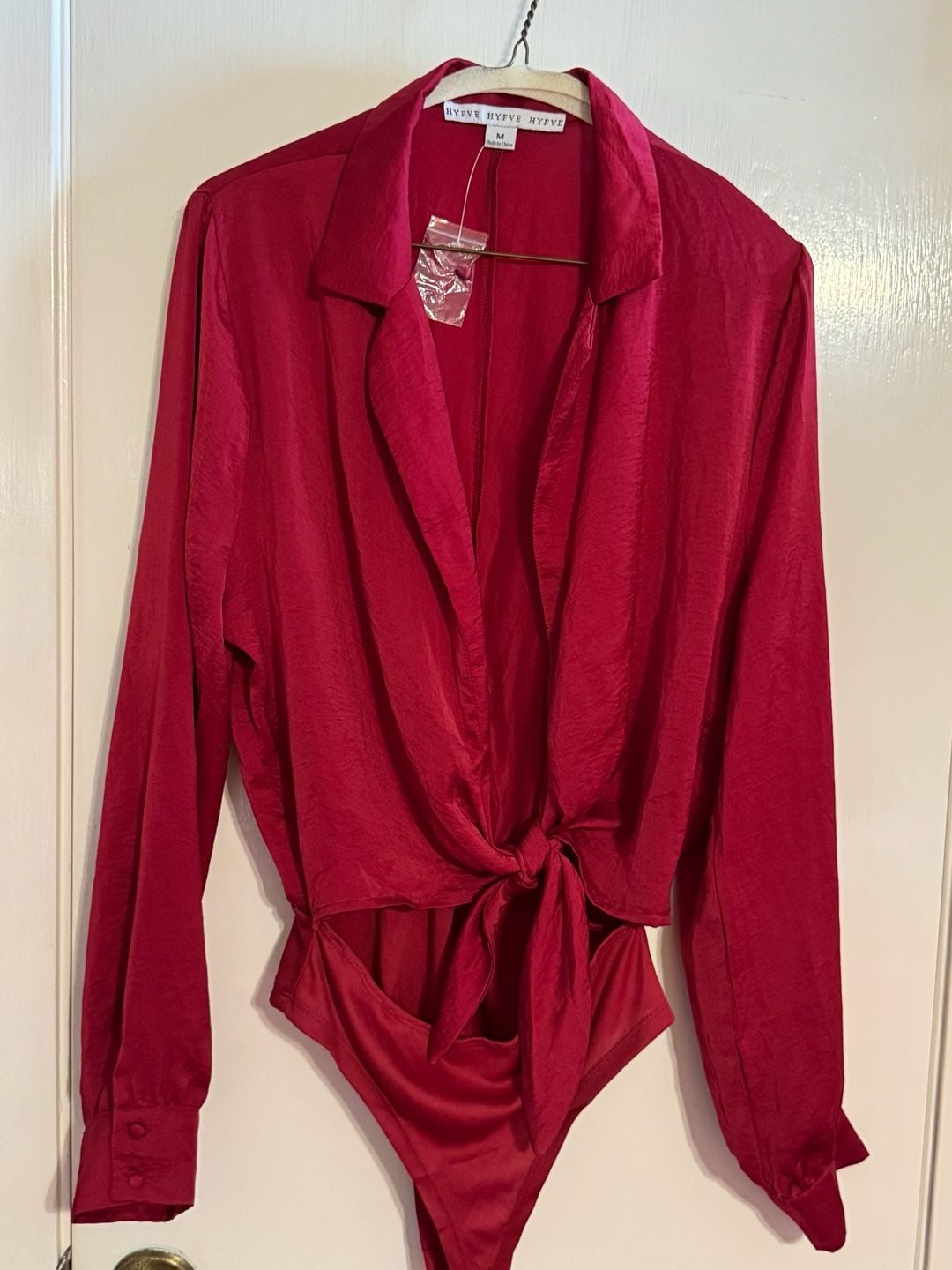 NEW HYFVE Red Satin Long Sleeve Tie Front Bodysuit Medium 2