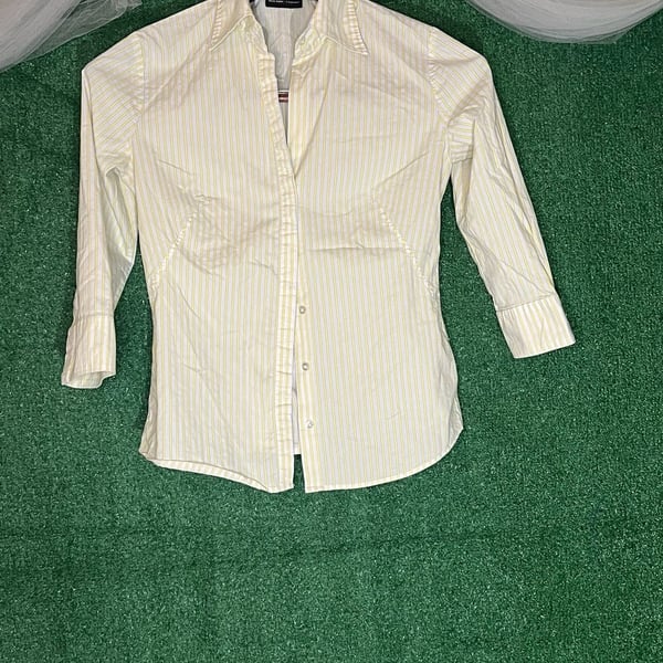 New York & Company Women's Stretch Yellow And White Striped Button Down Shirt Size XS