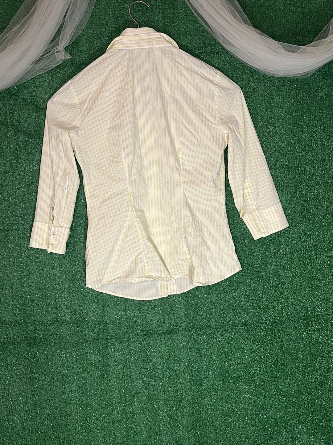 New York & Company Women's Stretch Yellow And White Striped Button Down Shirt Size XS 3