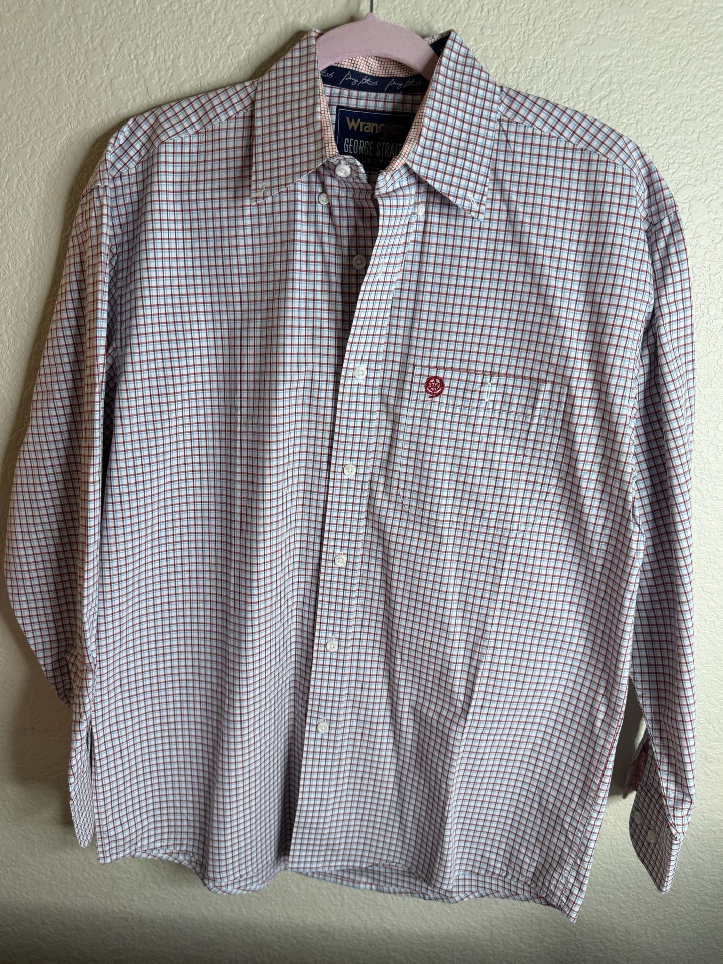 Wrangler George Strait Collection Mens Plaid Long Sleeve Button Down Shirt Red White Blue 2