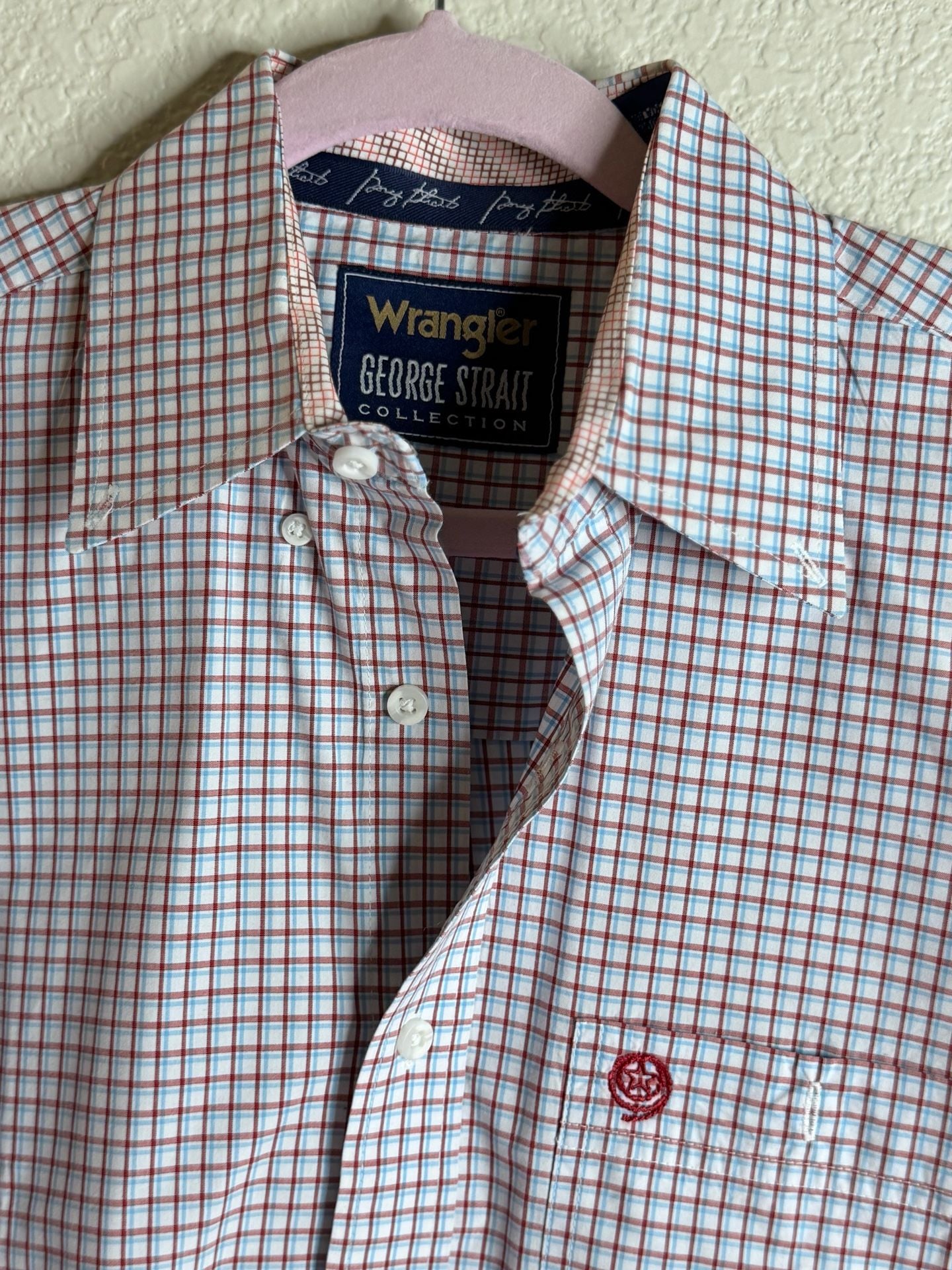 Wrangler George Strait Collection Mens Plaid Long Sleeve Button Down Shirt Red White Blue 3