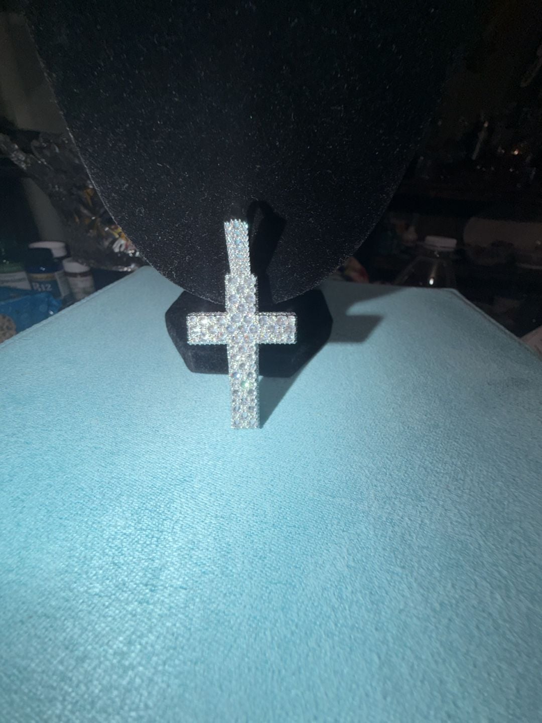 Reverse setting cross pendant ice cz stones thermal infused 14k over brass 2