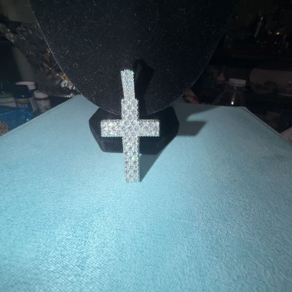 Reverse setting cross pendant ice cz stones thermal infused 14k over brass
