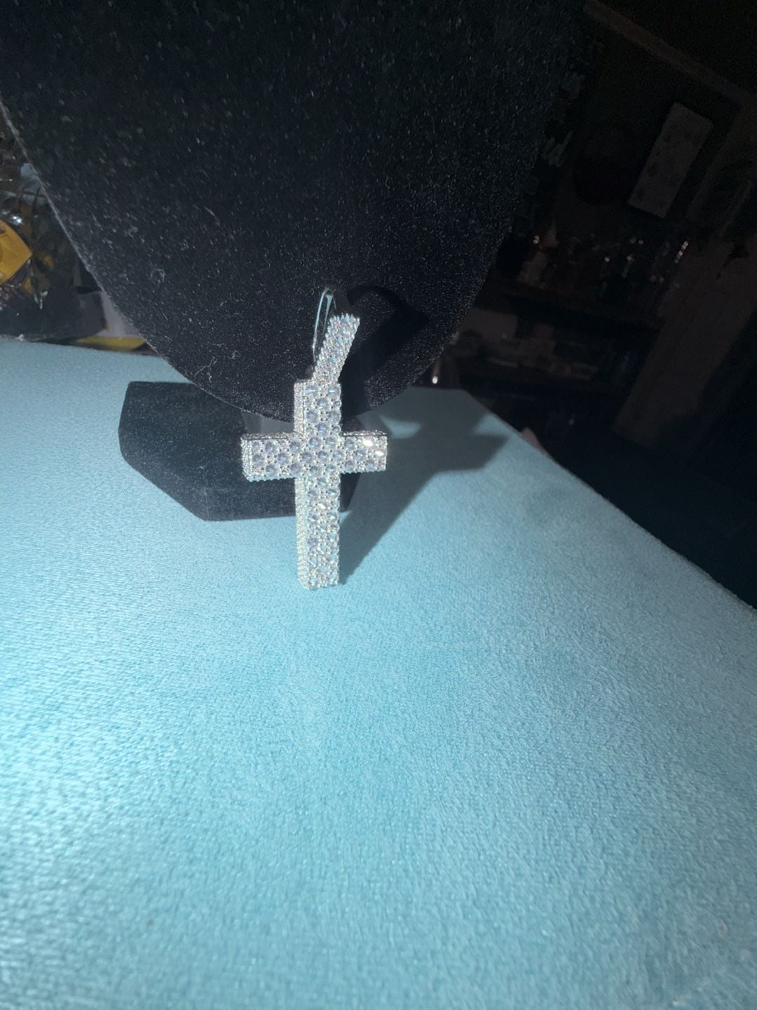 Reverse setting cross pendant ice cz stones thermal infused 14k over brass 3