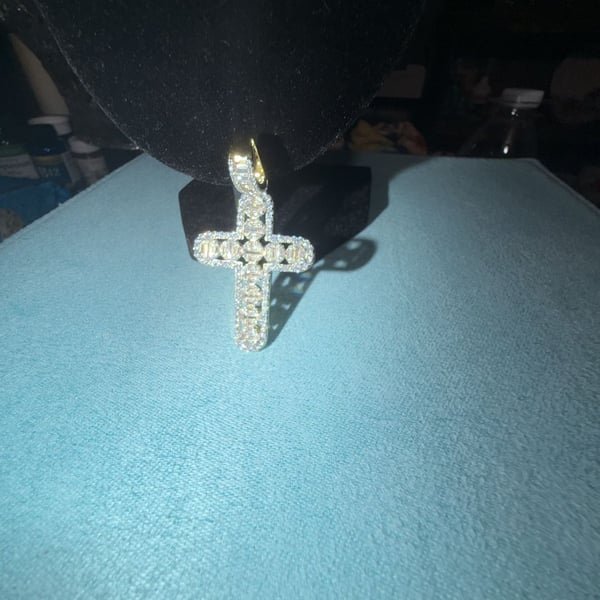 Thermal infused 14k over brass Baguette and Round ice cz stones Cross Pendant