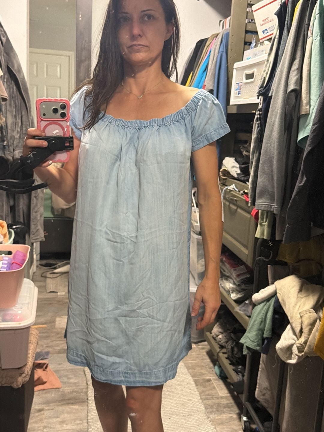 Cloth & Stone Anthropologie Tencel Chambray Off-The-Shoulder Dress Size M 5