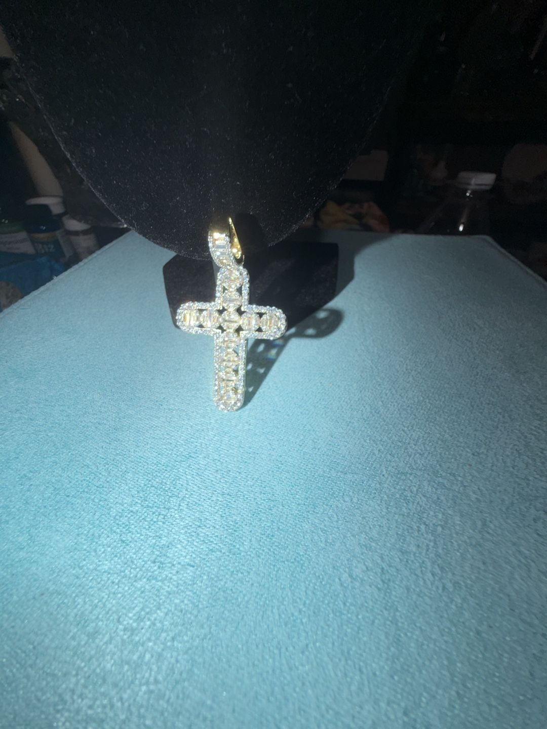 Thermal infused 14k over brass Baguette and Round ice cz stones Cross Pendant 4