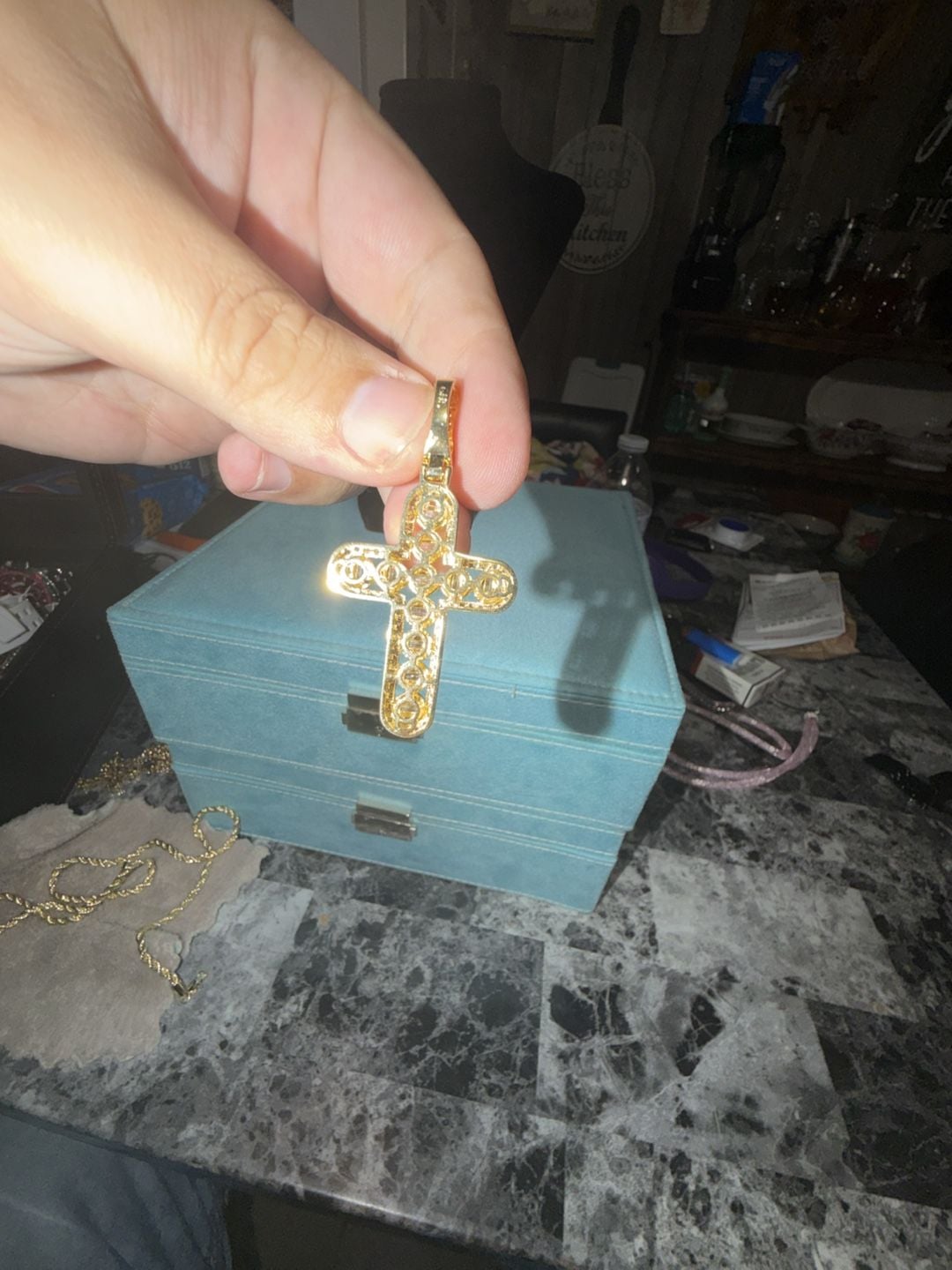 Thermal infused 14k over brass Baguette and Round ice cz stones Cross Pendant 6