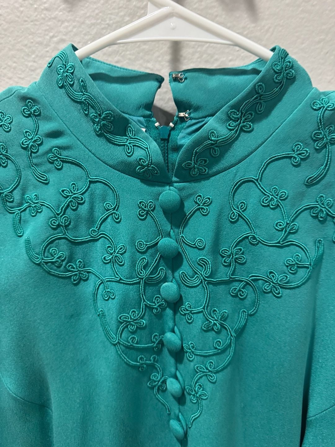 Vintage Maggy London Teal Green Embroidered Mandarin Collar Midi Dress 4