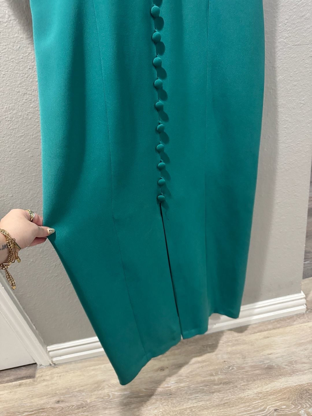 Vintage Maggy London Teal Green Embroidered Mandarin Collar Midi Dress 5