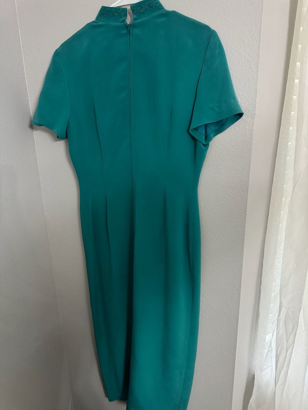 Vintage Maggy London Teal Green Embroidered Mandarin Collar Midi Dress 6
