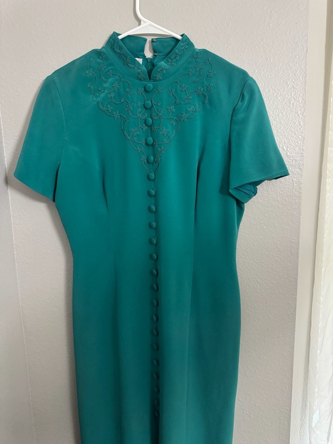 Vintage Maggy London Teal Green Embroidered Mandarin Collar Midi Dress 10