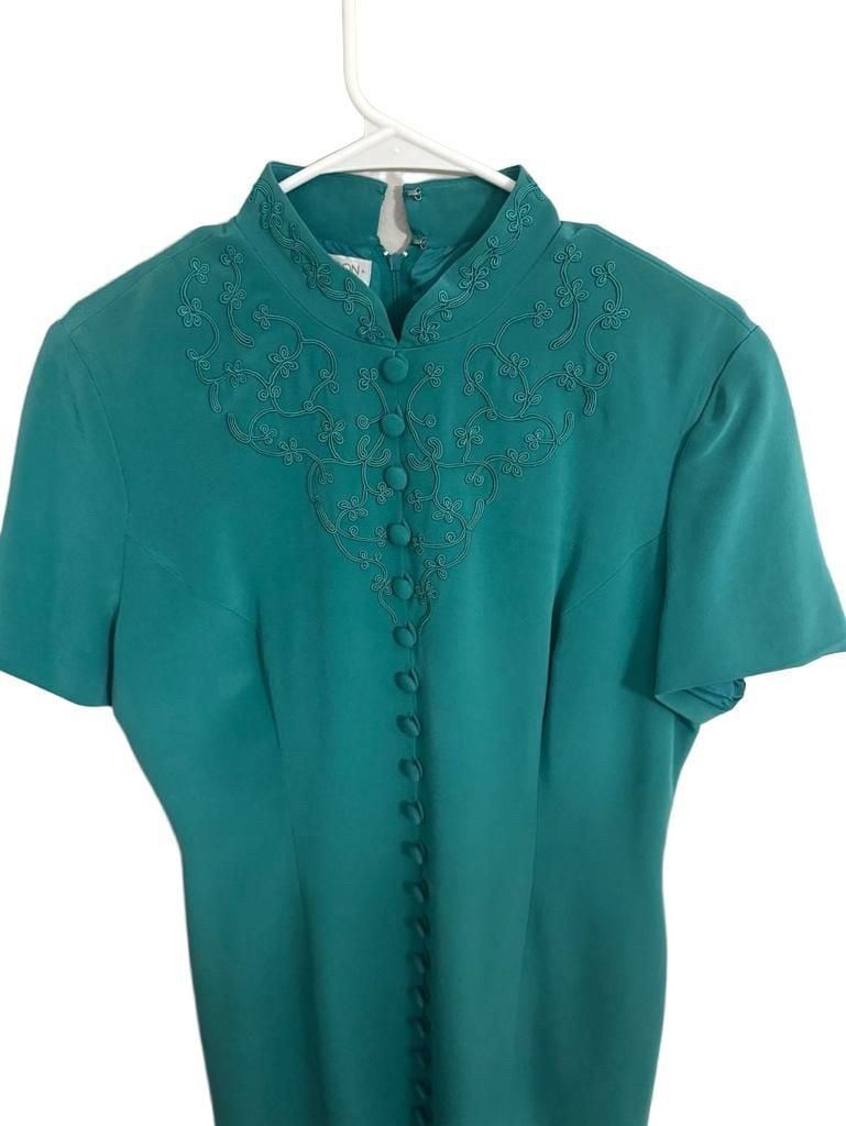 Vintage Maggy London Teal Green Embroidered Mandarin Collar Midi Dress 3