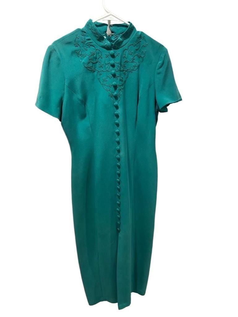 Vintage Maggy London Teal Green Embroidered Mandarin Collar Midi Dress 2