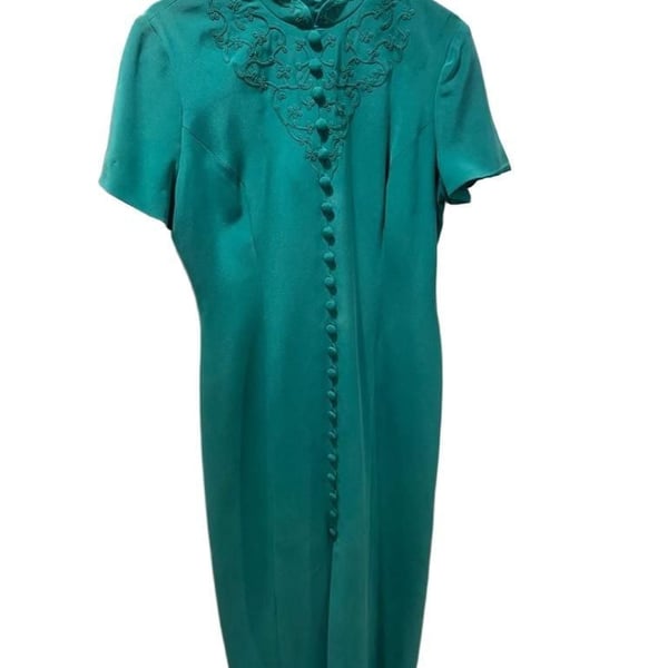 Vintage Maggy London Teal Green Embroidered Mandarin Collar Midi Dress