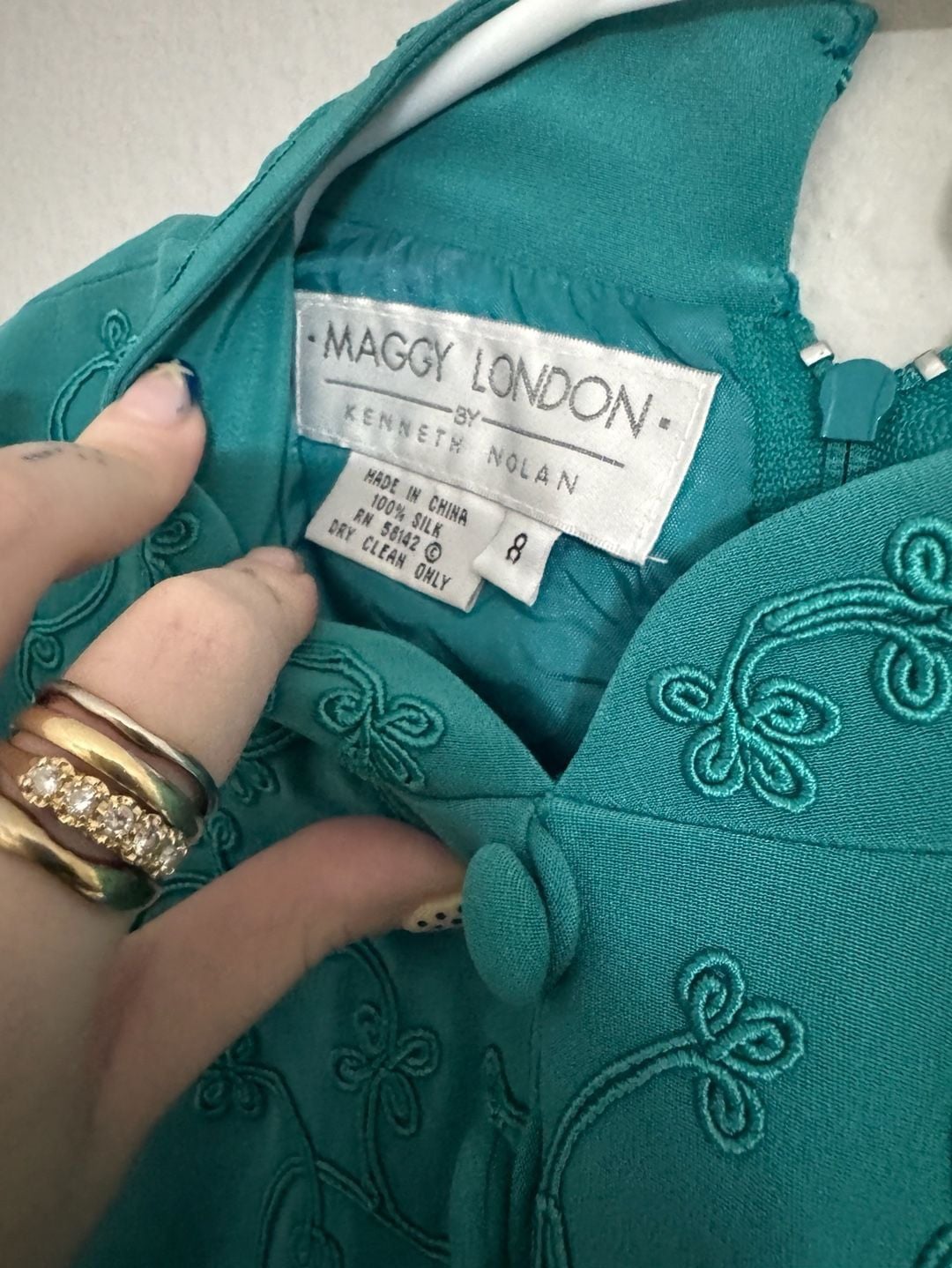 Vintage Maggy London Teal Green Embroidered Mandarin Collar Midi Dress 9