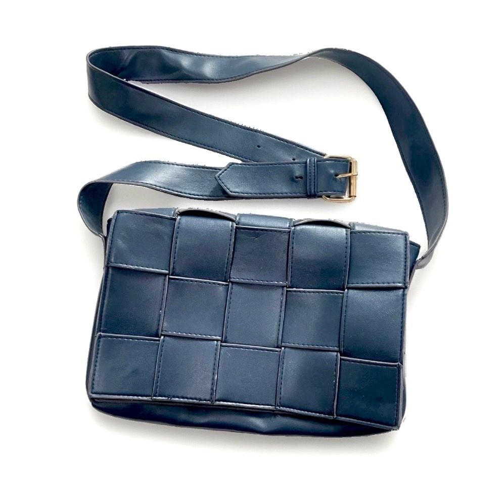 Sondra Roberts Navy Blue Woven Faux Leather Crossbody Bag Adjustable Strap 3