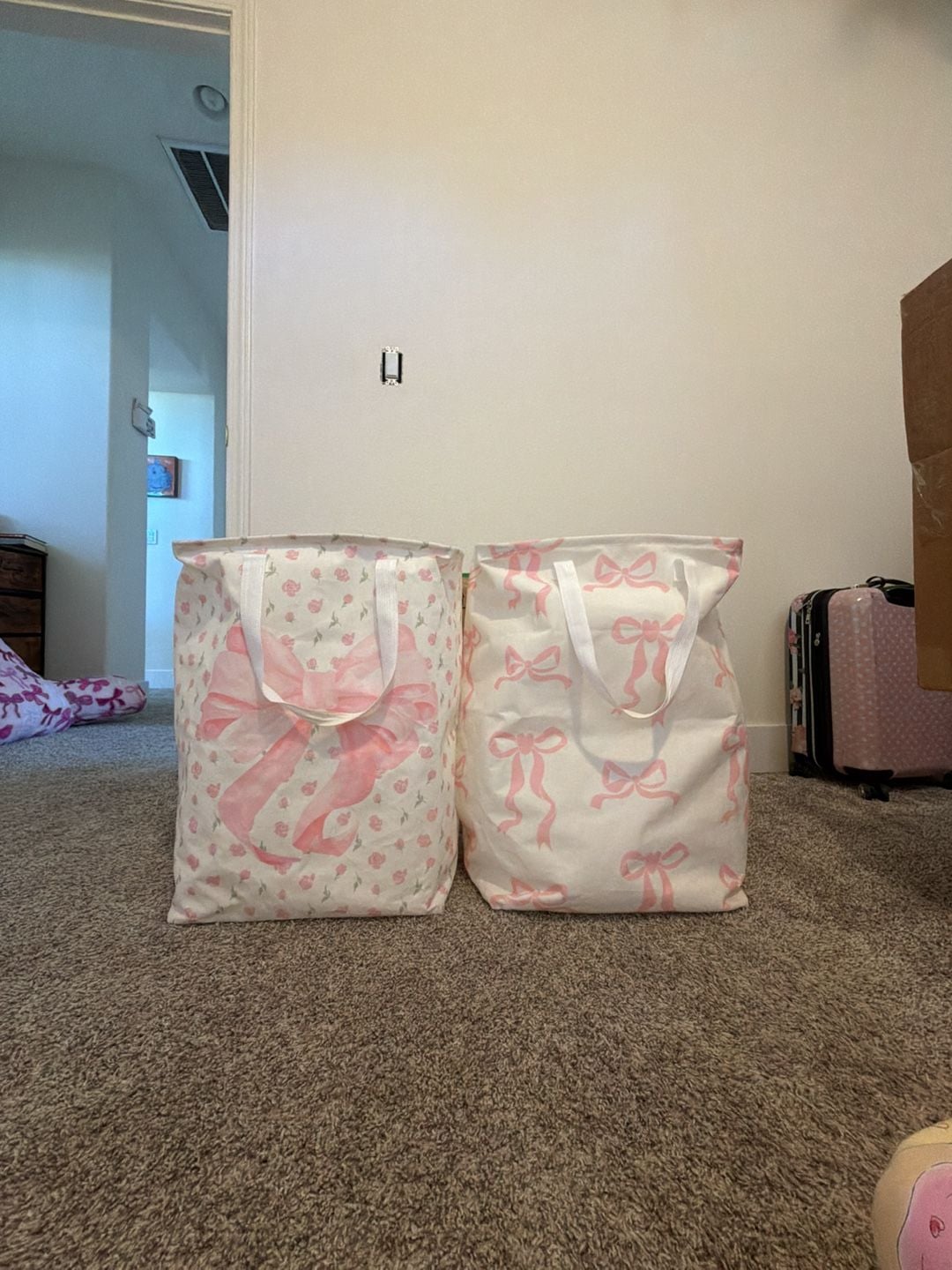 Leinuosen Coquette Pink Bow and Floral Collapsible Laundry Baskets Large Hamper Set of 2 1