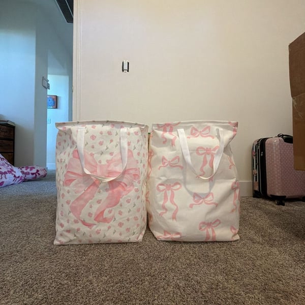 Leinuosen Coquette Pink Bow and Floral Collapsible Laundry Baskets Large Hamper Set of 2