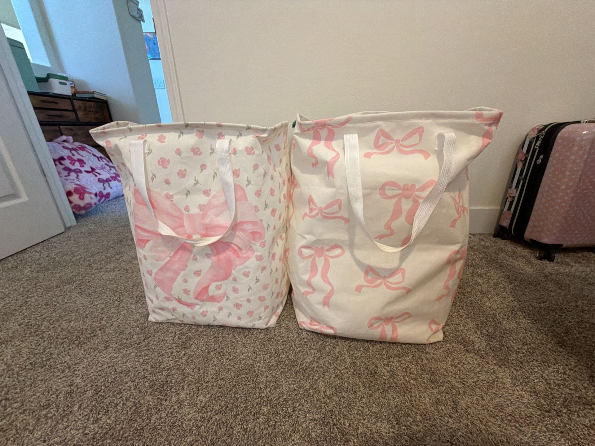 Leinuosen Coquette Pink Bow and Floral Collapsible Laundry Baskets Large Hamper Set of 2 2