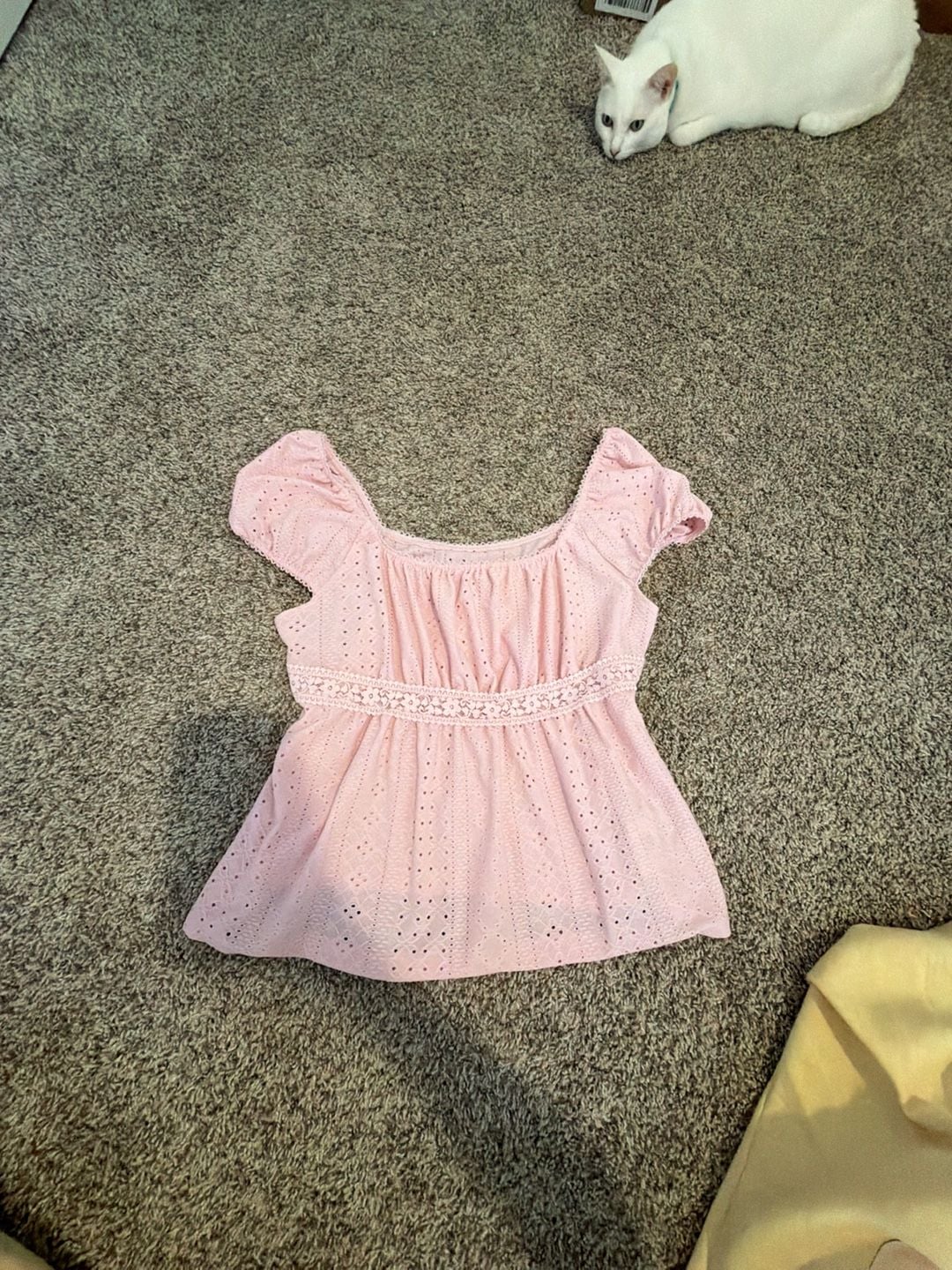 SHEIN Pink Eyelet Puff Sleeve Babydoll Peplum Top 2